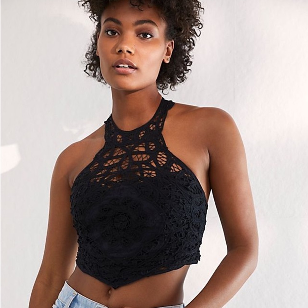 NWT Free People Battenberg Black Lace Crop Top Halter Bralette Size Small